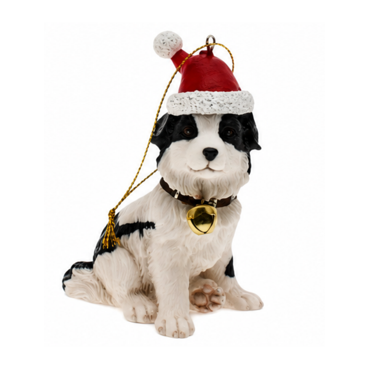 Sitting black and white border collie puppy ornament wearing a red Santa hat and bell collar