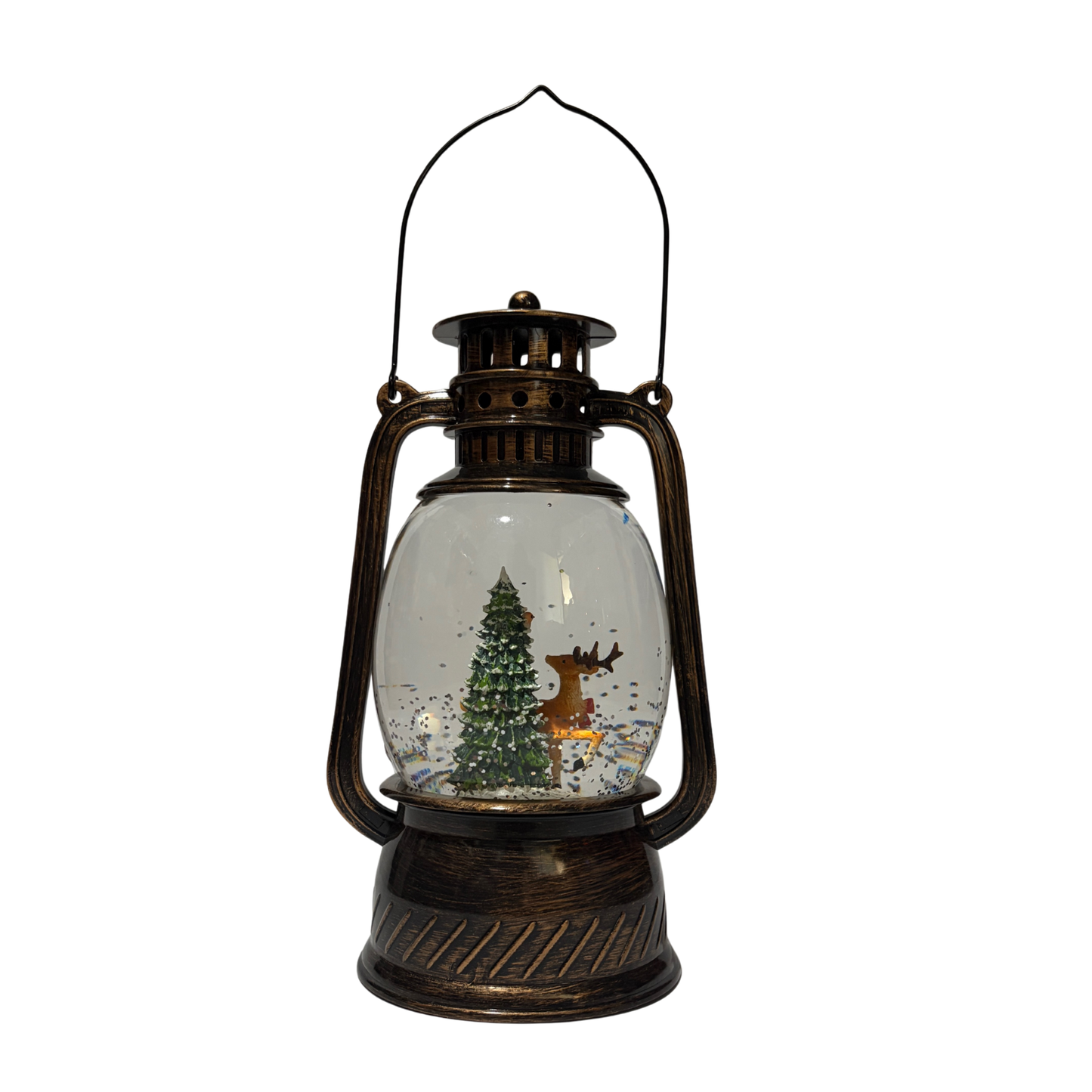 Bronze Christmas lantern snow globe featuring a reindeer beside a Christmas tree with swirling glitter.