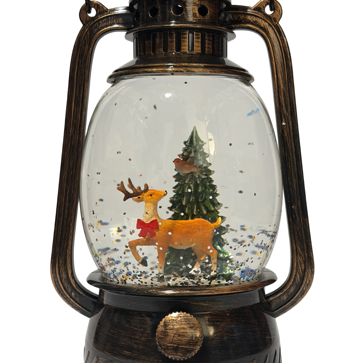 Bronze Christmas lantern snow globe featuring a reindeer beside a Christmas tree with swirling glitter.