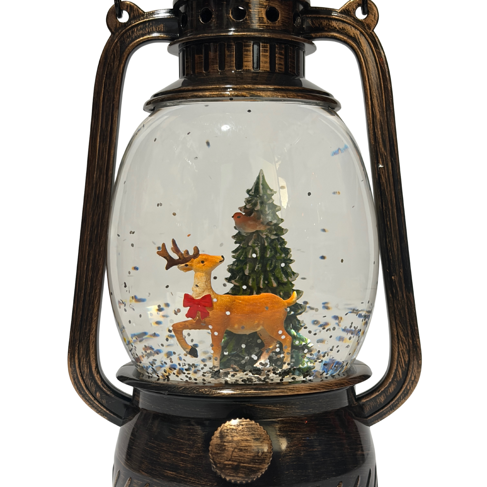 Bronze Christmas lantern snow globe featuring a reindeer beside a Christmas tree with swirling glitter.