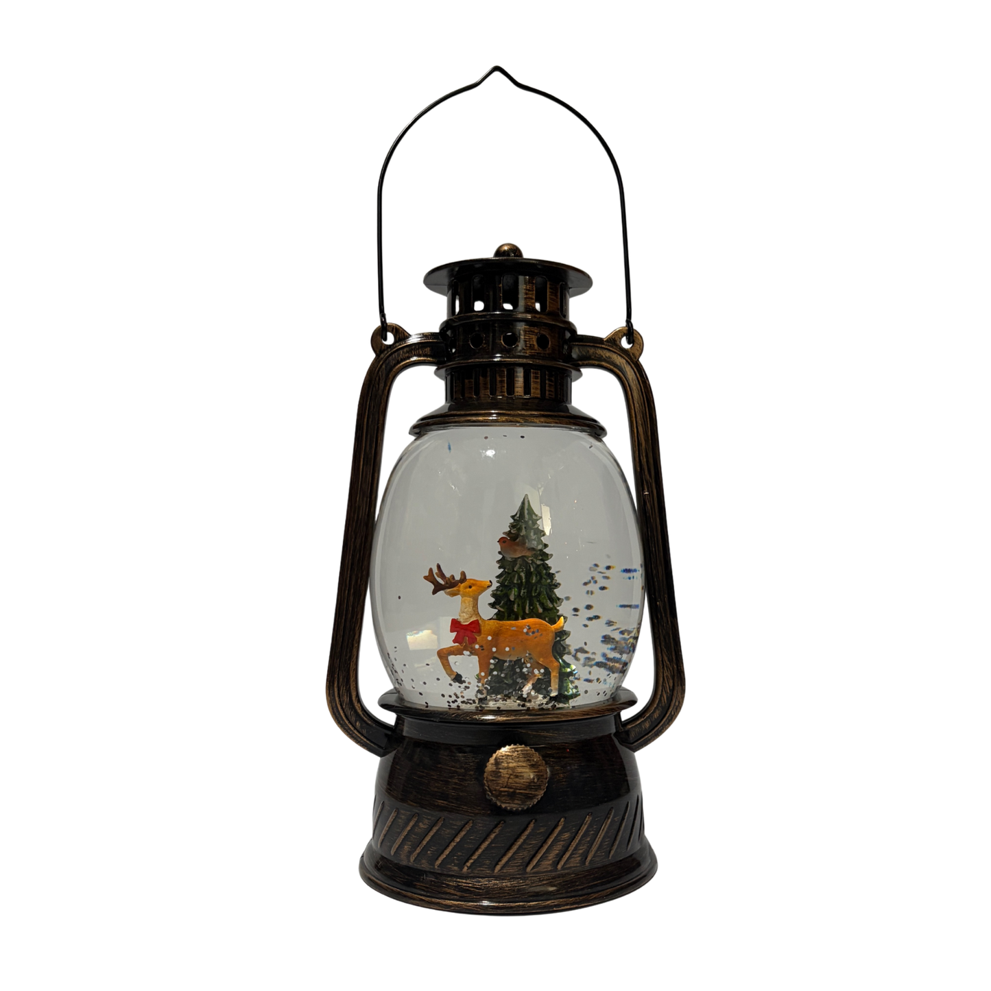 Bronze Christmas lantern snow globe featuring a reindeer beside a Christmas tree with swirling glitter.