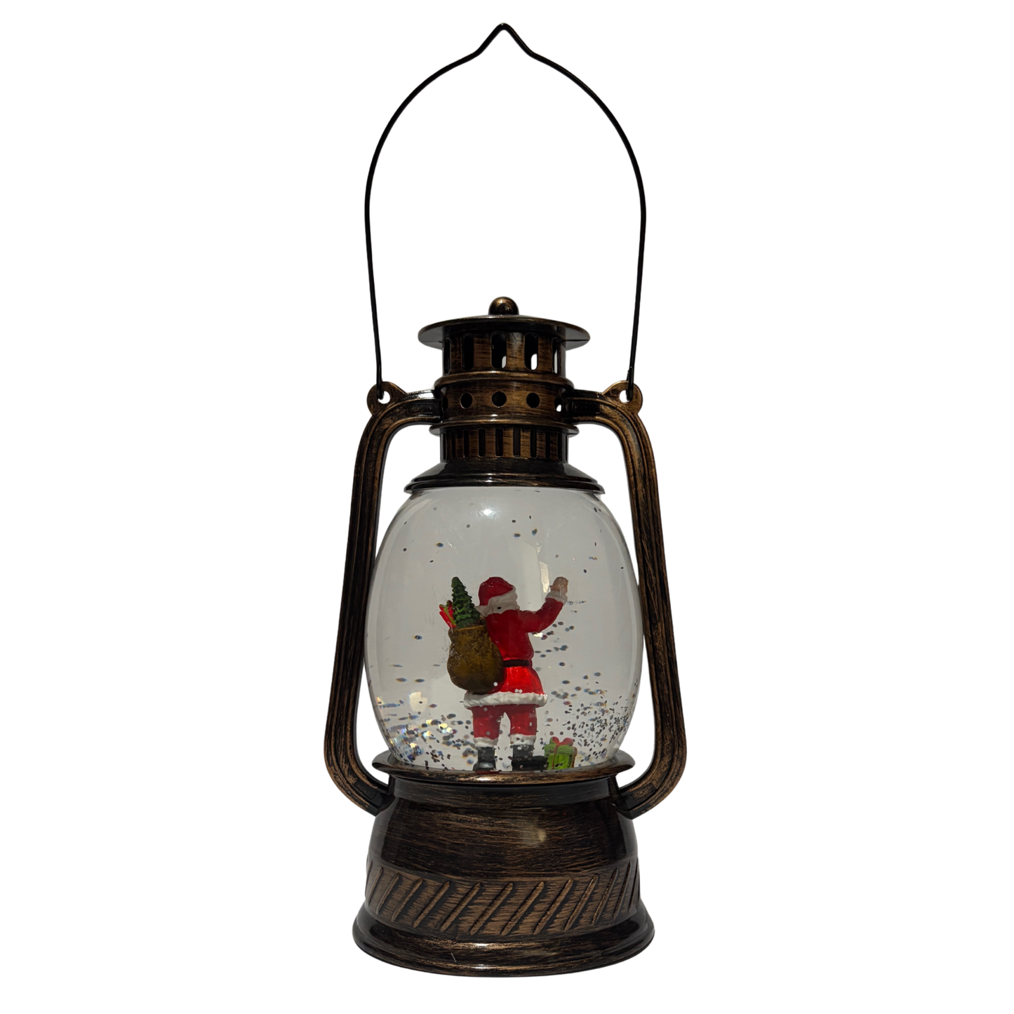 bronze Christmas lantern snow globe featuring Santa holding a Christmas tree and gifts with swirling glitter.