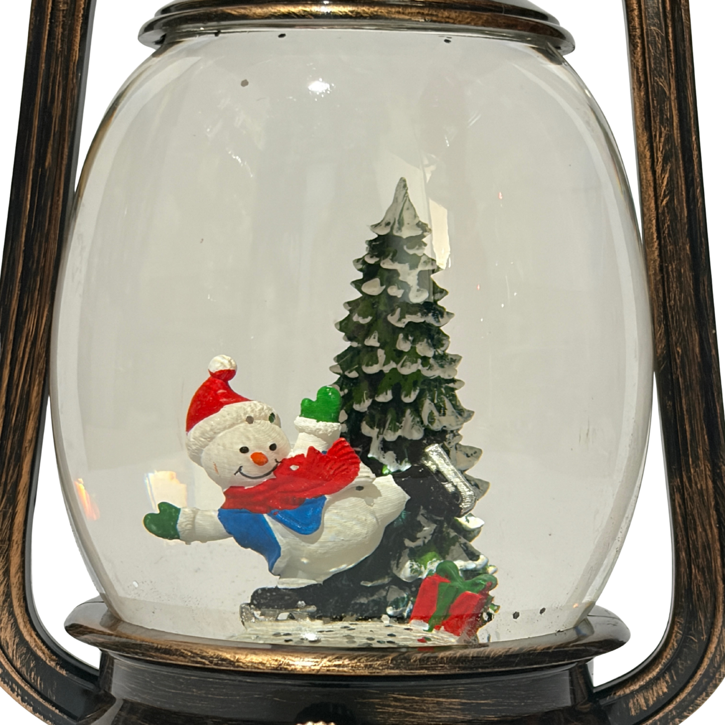 Bronze Christmas Lantern Snow Globe - Snowman with Christmas Tree