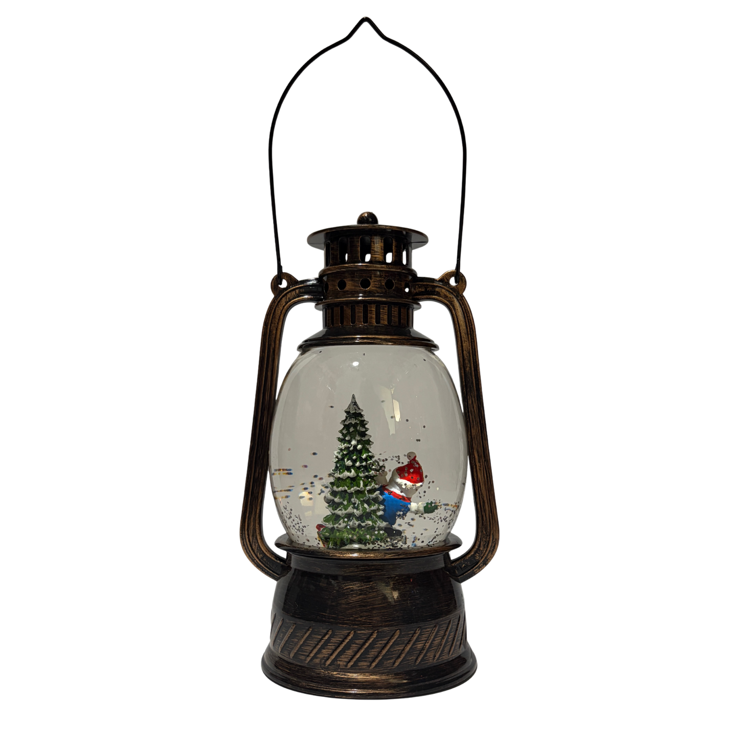 Bronze Christmas lantern snow globe featuring a snowman beside a Christmas tree with swirling glitter.