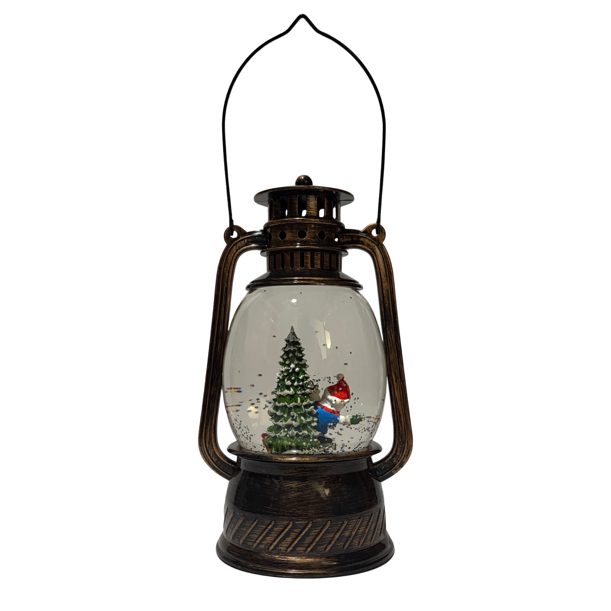 Bronze Christmas lantern snow globe featuring a snowman beside a Christmas tree with swirling glitter.