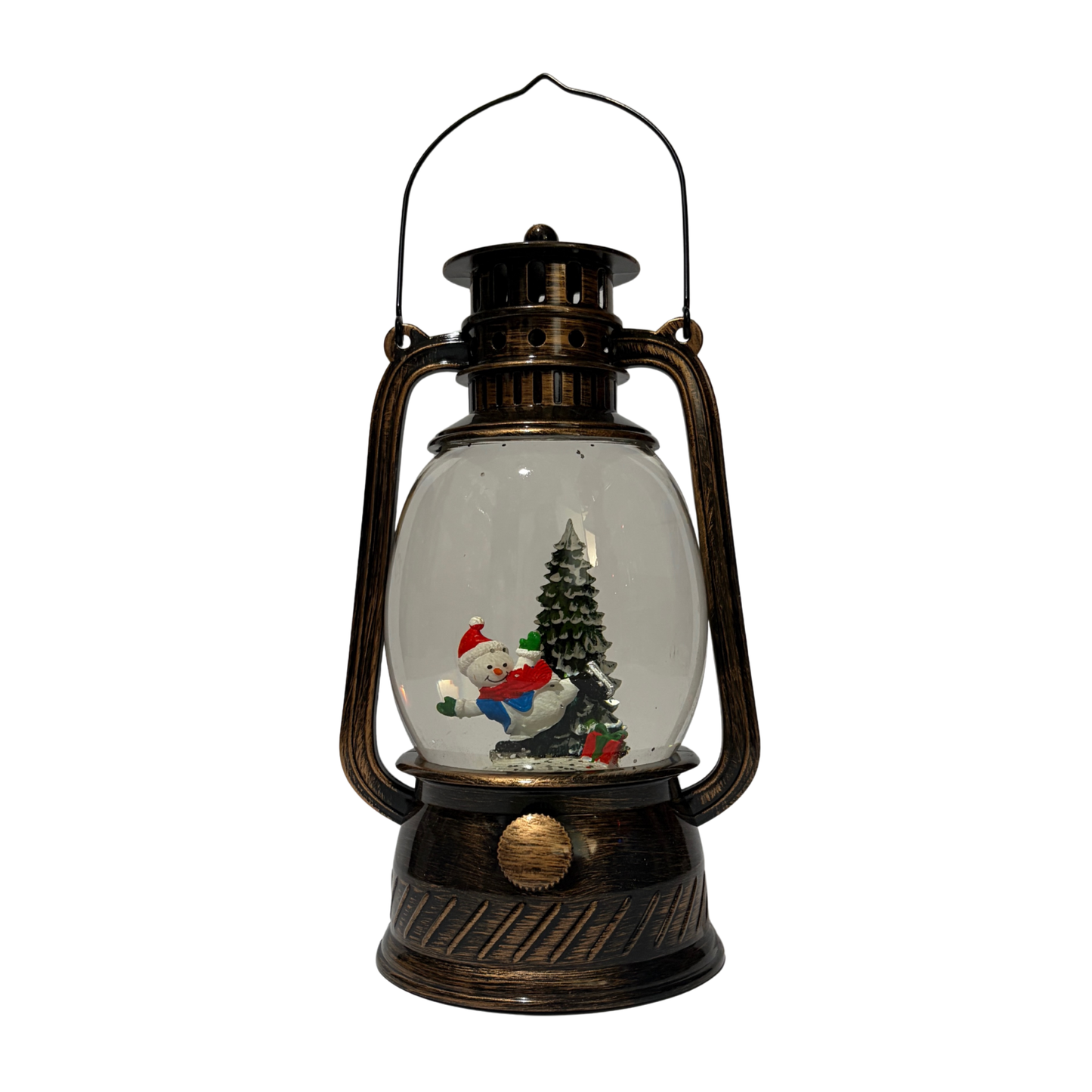 Bronze Christmas lantern snow globe featuring a snowman beside a Christmas tree with swirling glitter.