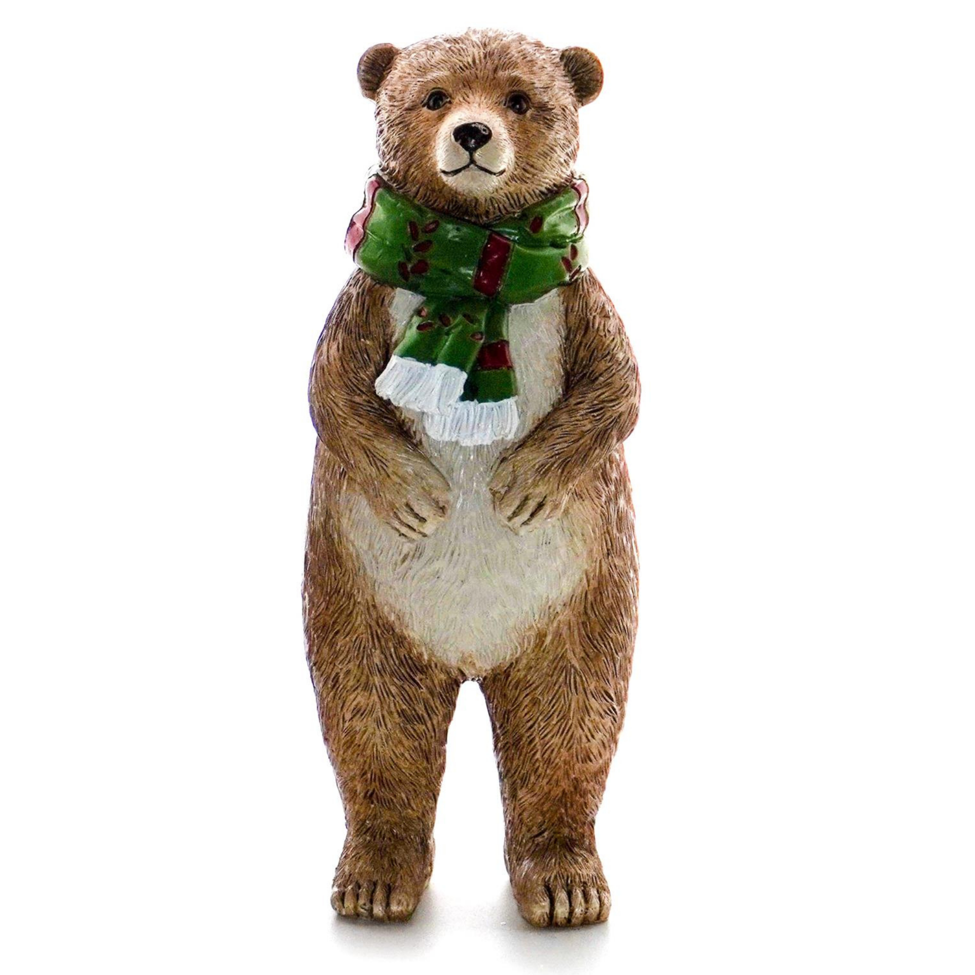 Standing brown bear Christmas decoration wearing a green holly scarf with white fringe ends