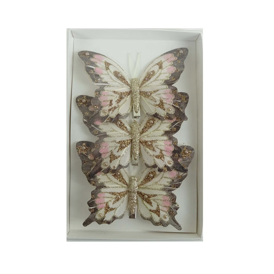 Set of three brown and coral butterfly clip-on decorations with pearl accents and gold glitter veining, in gift box