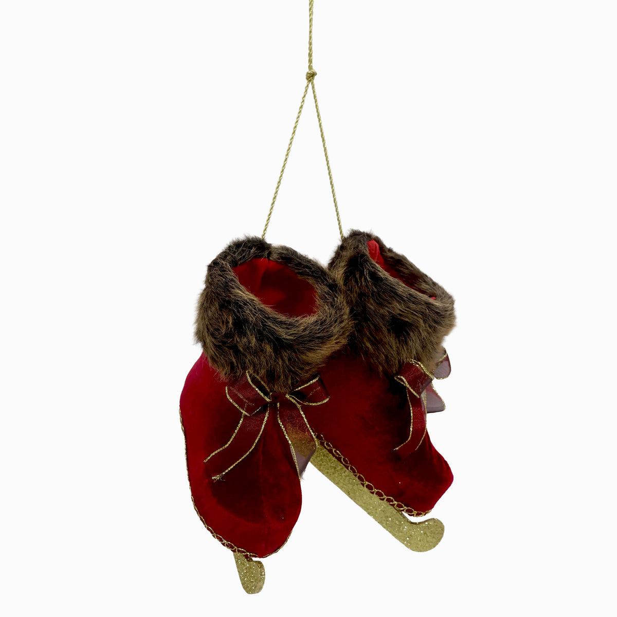 Burgundy and gold ice skates hanging ornament with faux fur cuffs, gold glitter blades and burgundy ribbon bow