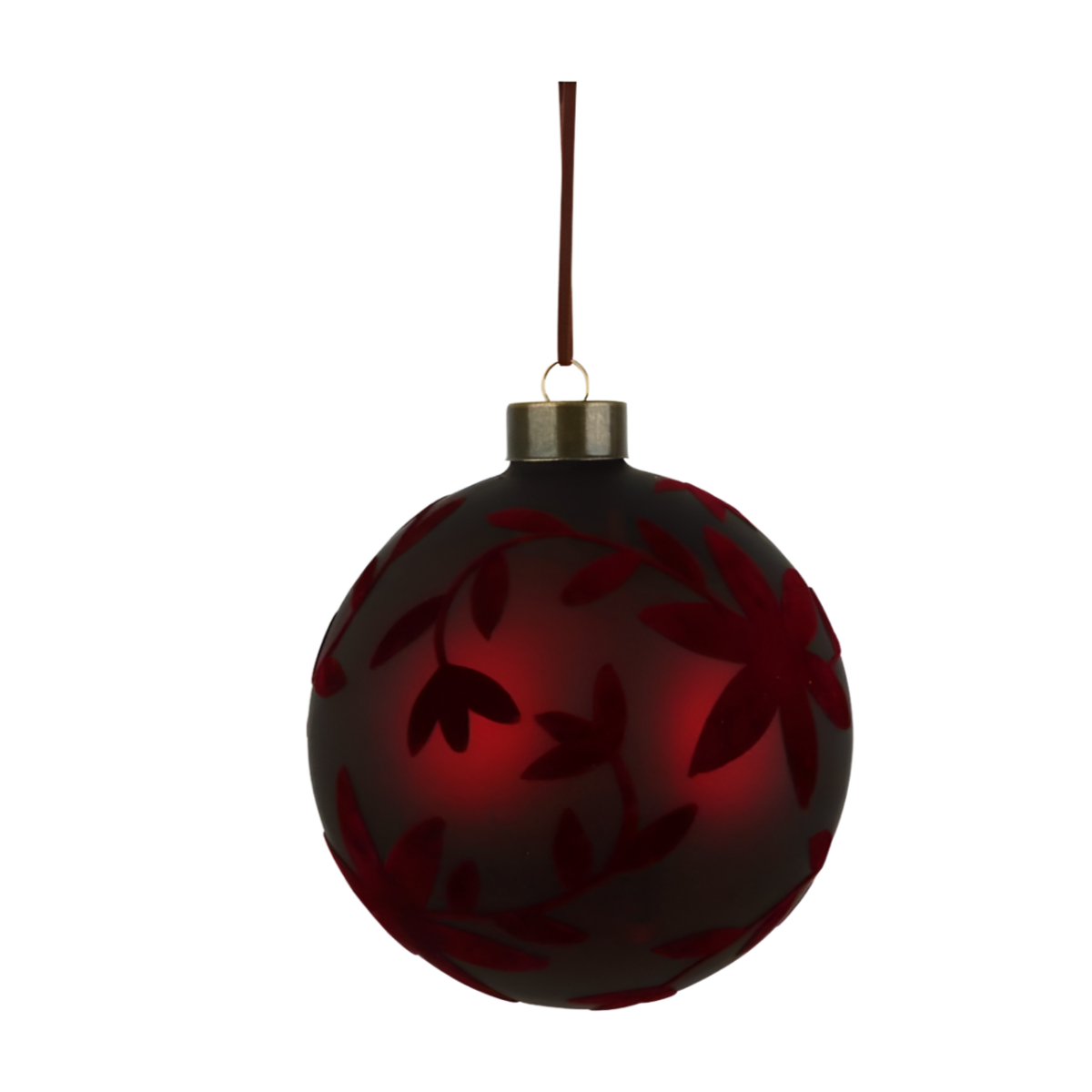 Burgundy matte glass Christmas bauble with etched leaf and floral pattern, bronze cap and burgundy ribbon hanger