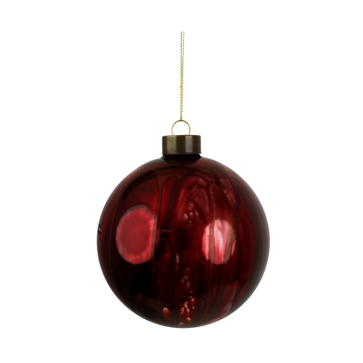 Burgundy shiny glass Christmas bauble with painted berry and foliage detail, bronze cap and gold cord hanger