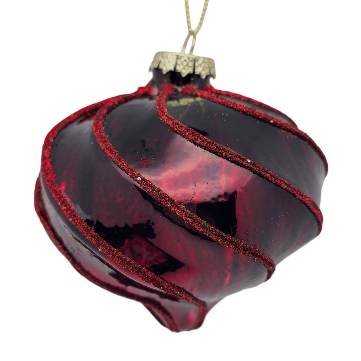 Burgundy swirl glass onion ornament with red glitter ribbed detail and gold cap