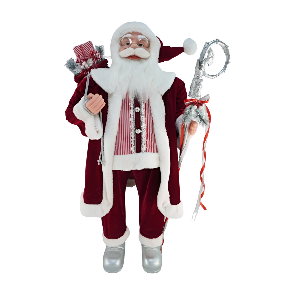 Santa wears a red velvet coat, white fur trim, striped vest, holding a silver staff and a sack of red-and-silver gifts