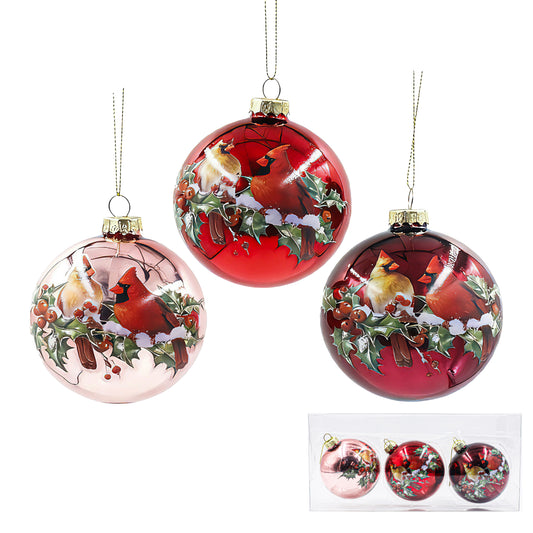 Set of three cardinal and holly glass baubles in pink, red and fuchsia with gold caps, in gift box