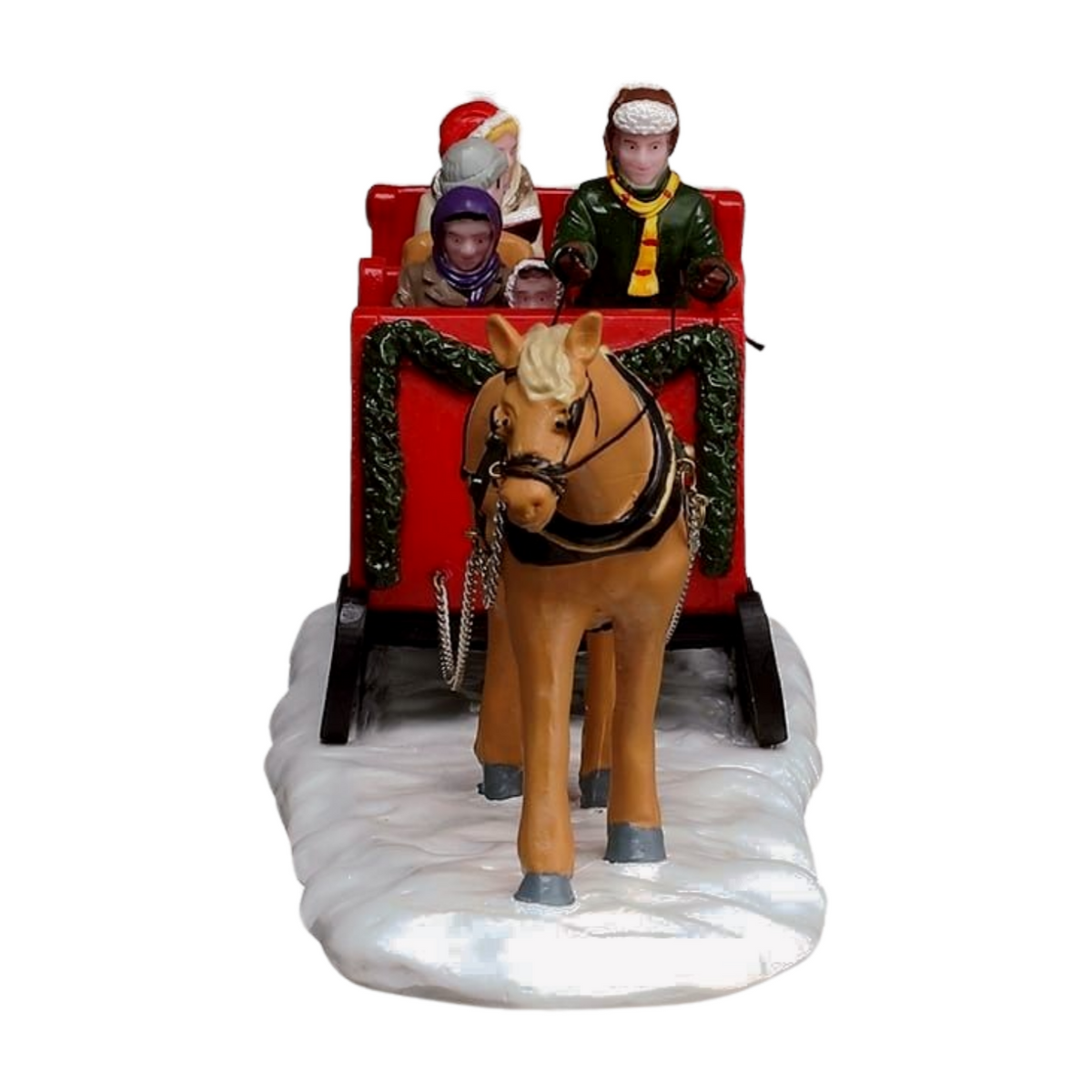 Front of Christmas village Caroling Sleigh Ride figurine with palomino horse and four passengers in winter clothing in a red sleigh