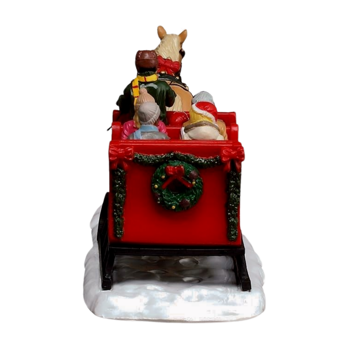 Rear of Christmas village Caroling Sleigh Ride figurine showing carolling passengers and a wreath-decorated red sleigh