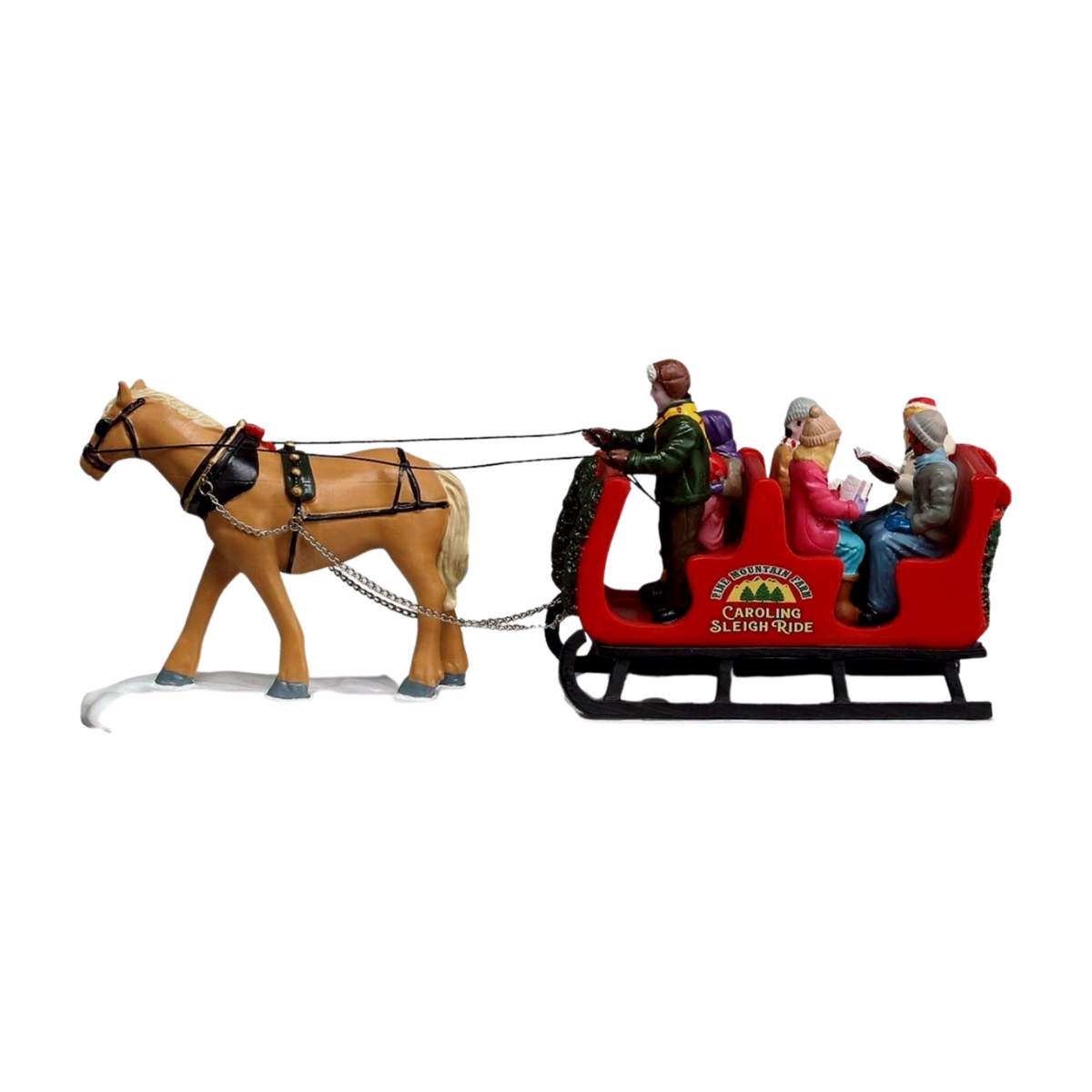 Side view of Christmas village Caroling Sleigh Ride figurine showing palomino horse pulling a red sleigh with driver and carolling passengers 