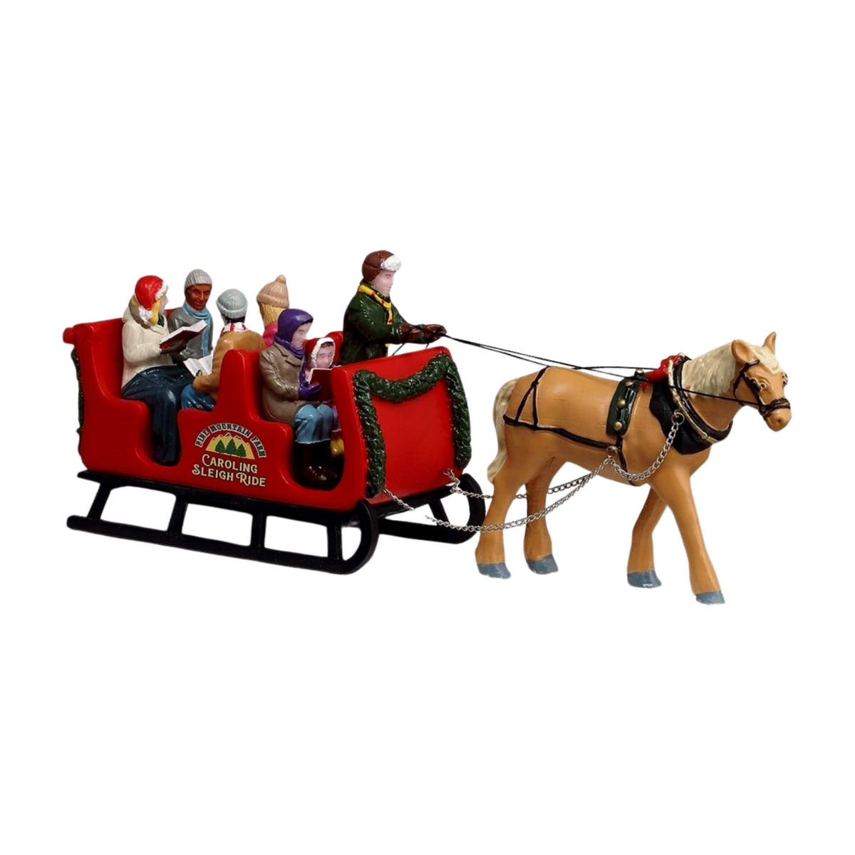 Christmas village Caroling Sleigh Ride figurine with palomino horse, driver, and four carolling passengers in a garland-trimmed red sleigh