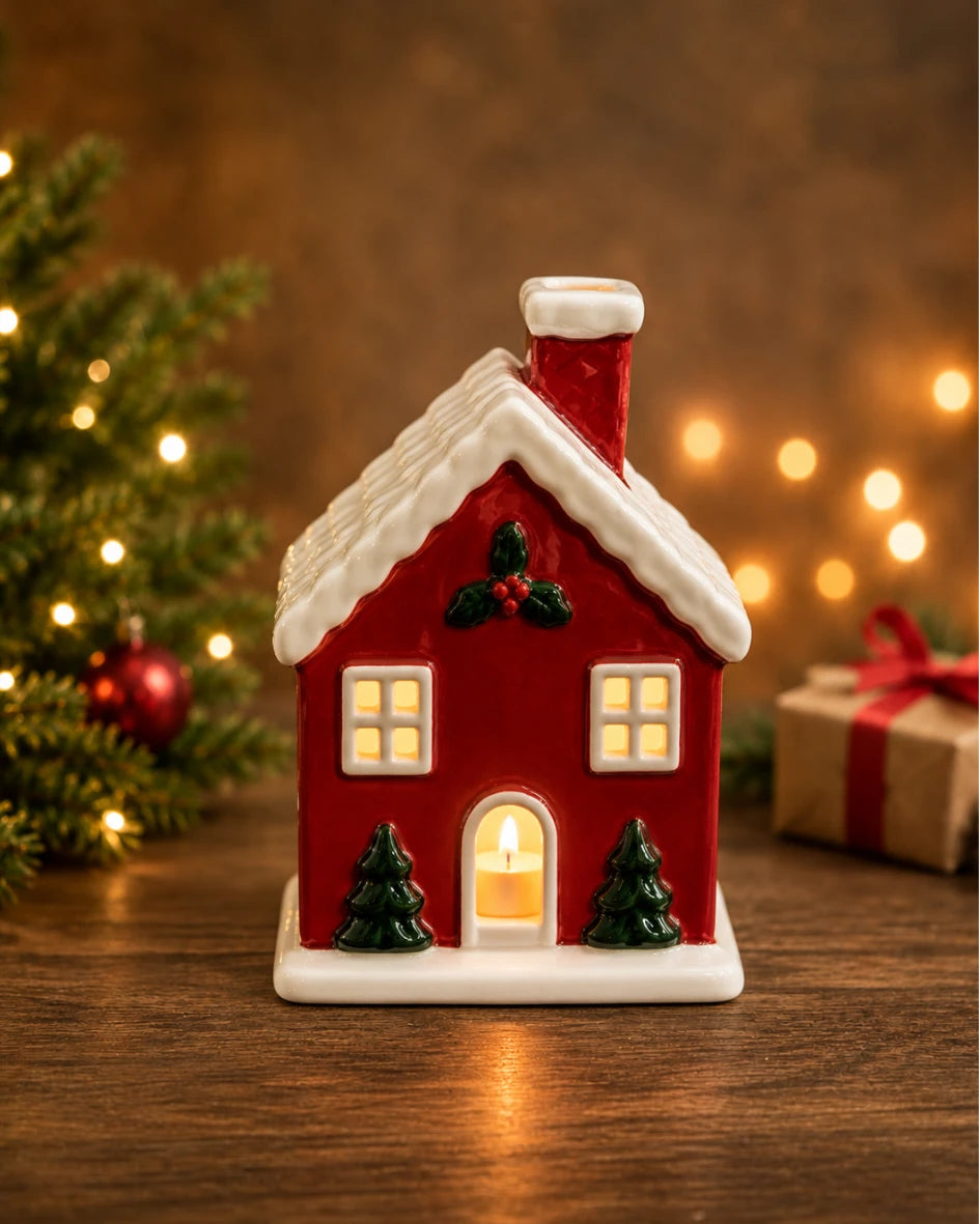Ceramic red house tea light holder displayed on console table beside decorated tree figure