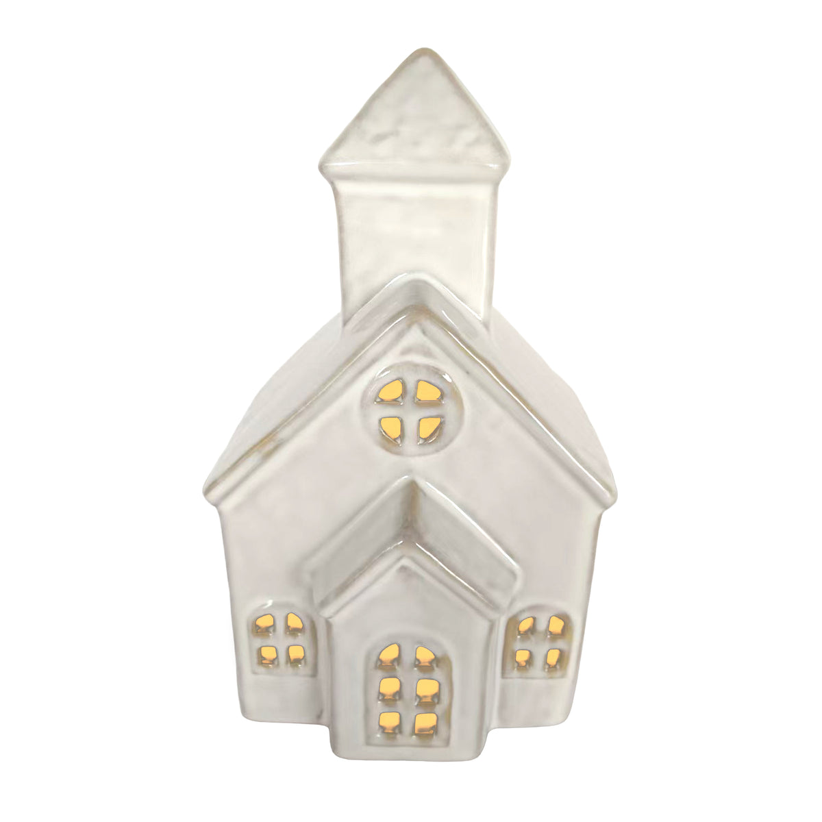 Ceramic LED church decoration in taupe glaze with steeple, arched doorway and glowing rose window and side windows