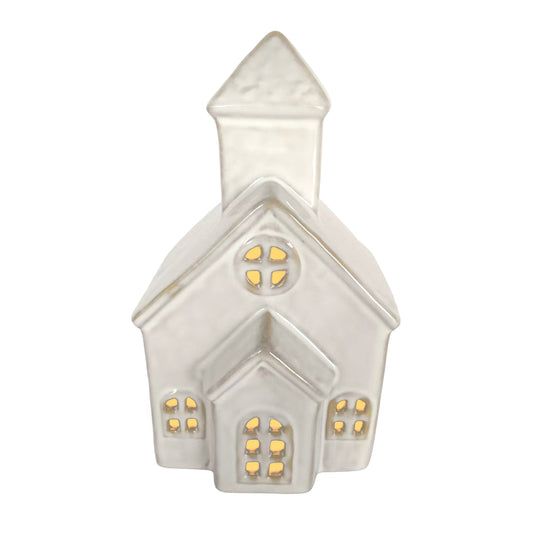 Ceramic LED church decoration in taupe glaze with steeple, arched doorway and glowing rose window and side windows