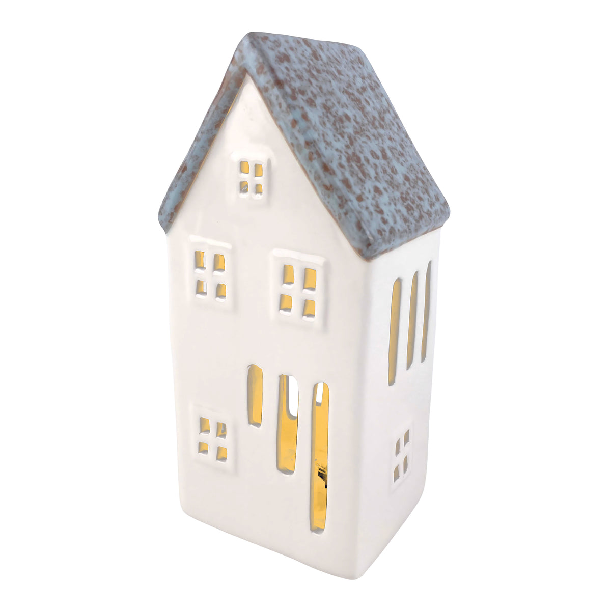 Extra large ceramic LED townhouse decoration with white walls, glowing arched windows and mottled blue pitched roof