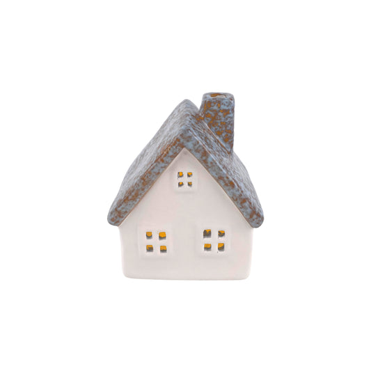 Small ceramic LED cottage decoration with white walls, square yellow-lit windows and mottled blue pitched roof