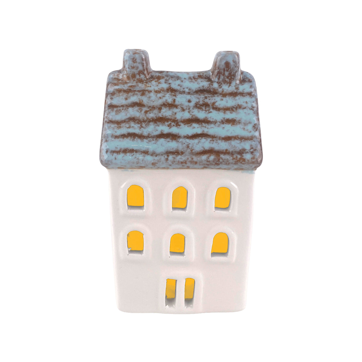 Large ceramic LED house decoration with white walls, arched yellow-lit windows and mottled blue tiled roof