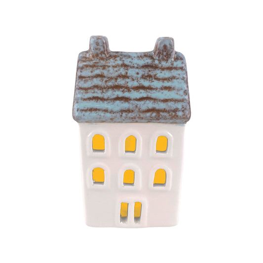 Large ceramic LED house decoration with white walls, arched yellow-lit windows and mottled blue tiled roof