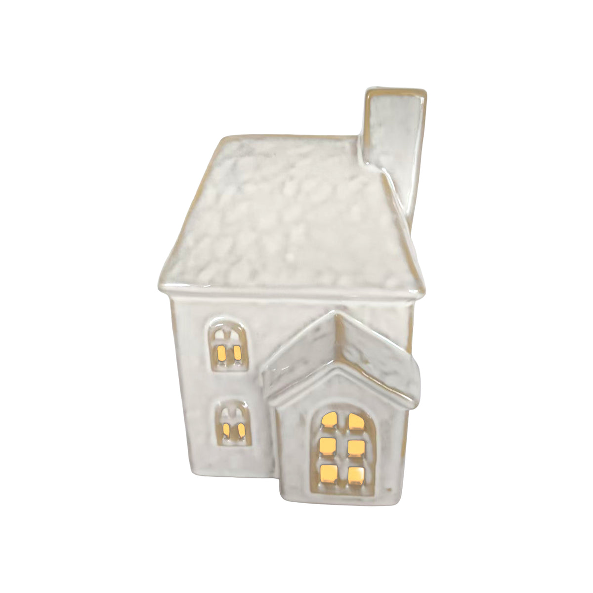 Large ceramic LED house decoration in taupe glaze with textured roof, arched windows, side porch and chimney