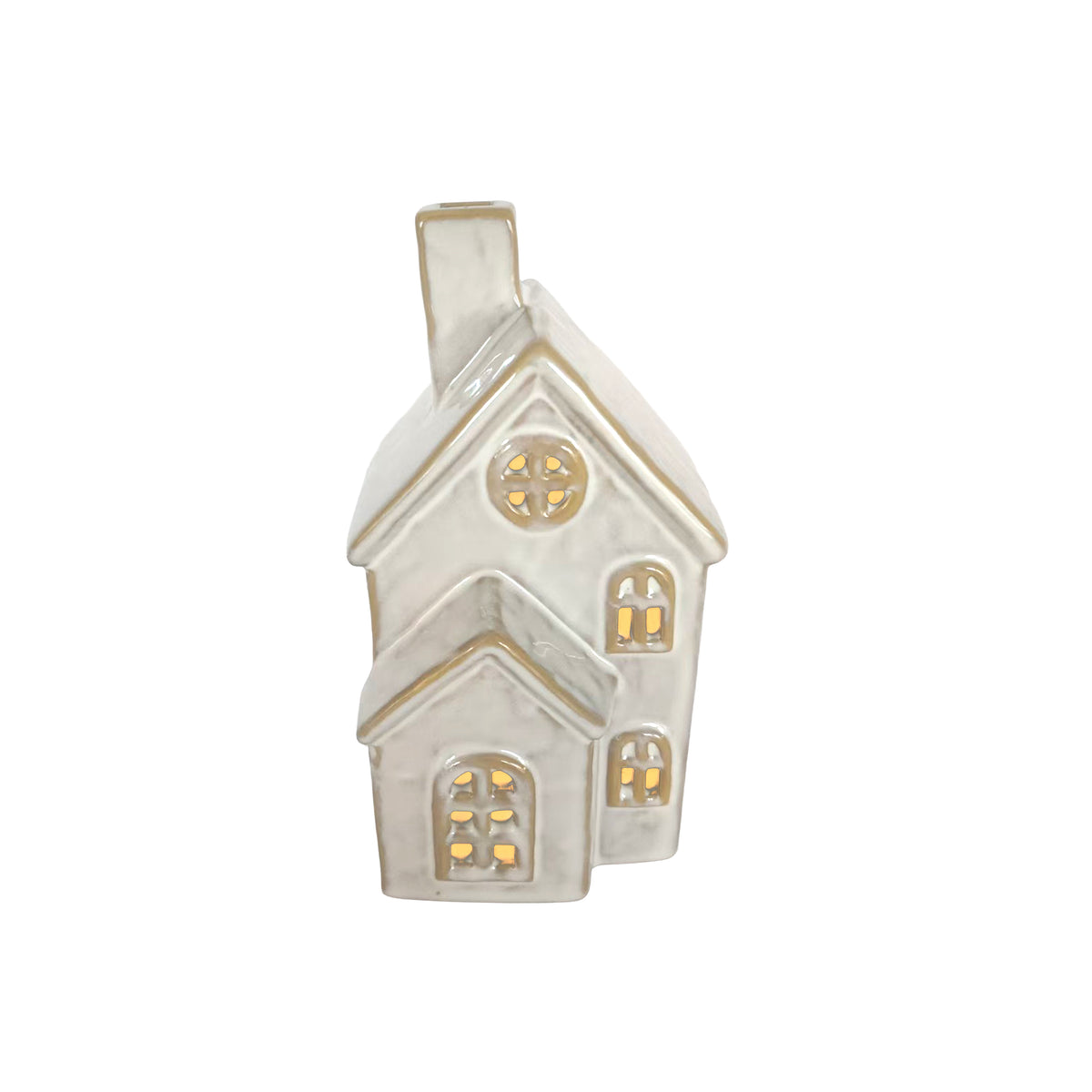 Small ceramic LED house decoration in taupe glaze with stepped roofline, rose window, arched windows and chimney