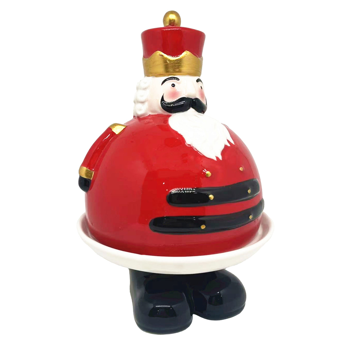 Ceramic nutcracker soldier cloche in glossy red with gold trim, white beard and white plate base