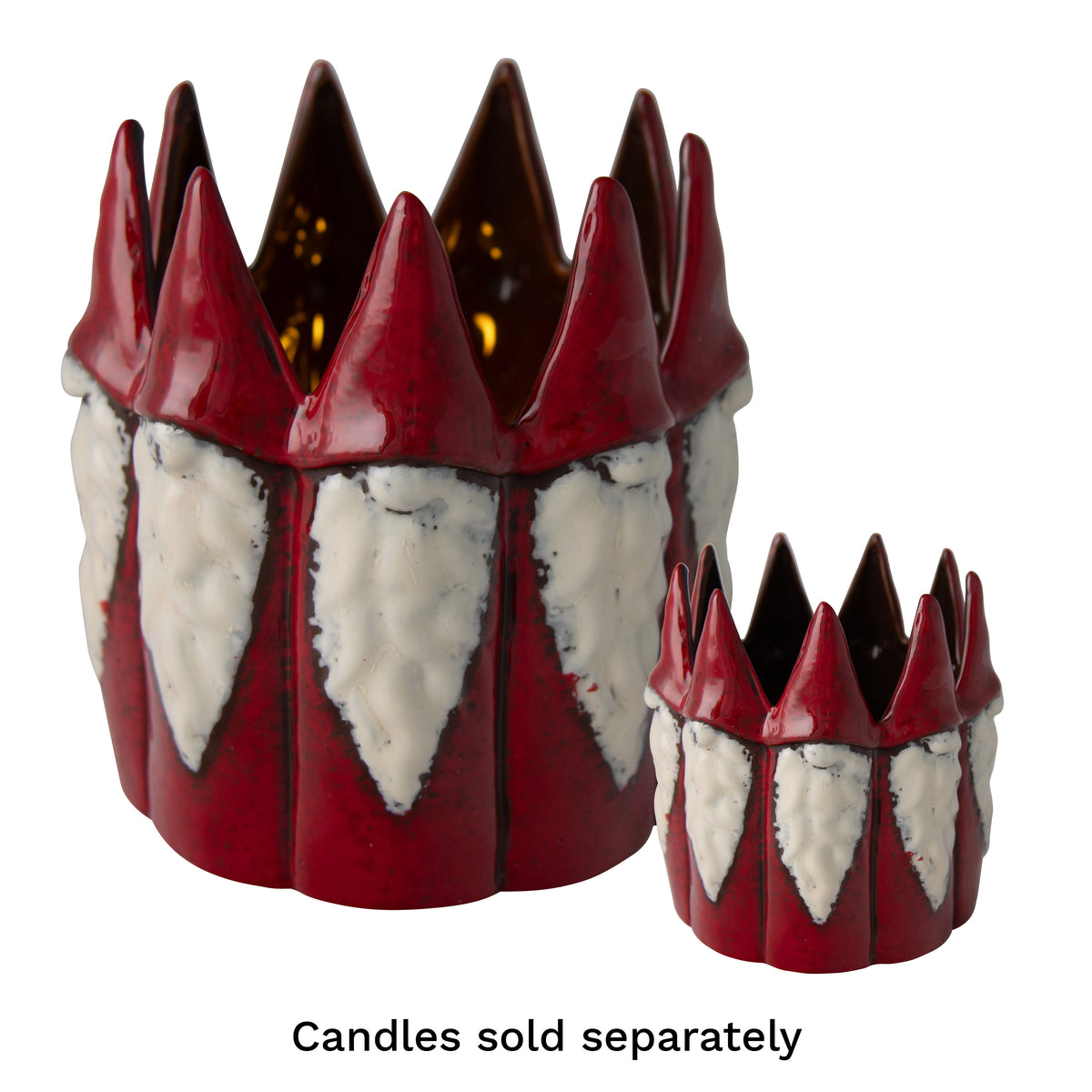Small ceramic Santa crown candle holder in glossy red with white beard detail on each point