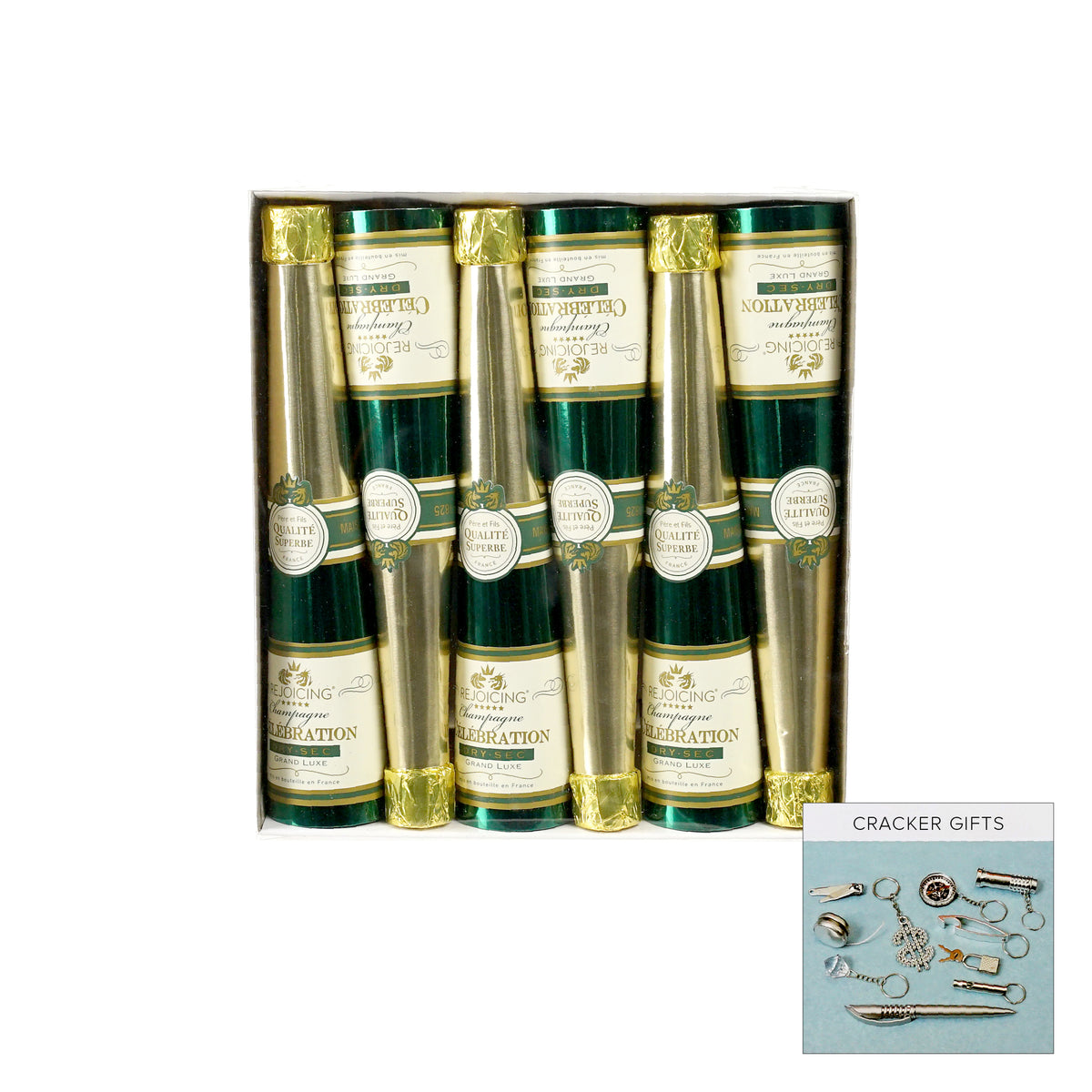 Box of six champagne bottle Christmas crackers in green and gold with celebration label and novelty gifts