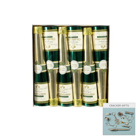 Box of six champagne bottle Christmas crackers in green and gold with celebration label and novelty gifts