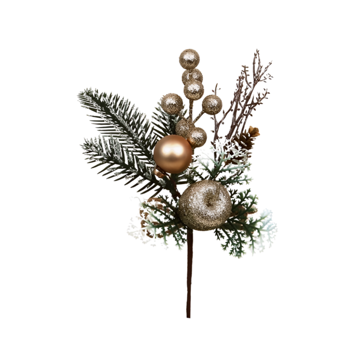 Champagne Christmas pick with frosted pine, gold bauble, glitter berry clusters, frosted apple, and pinecone