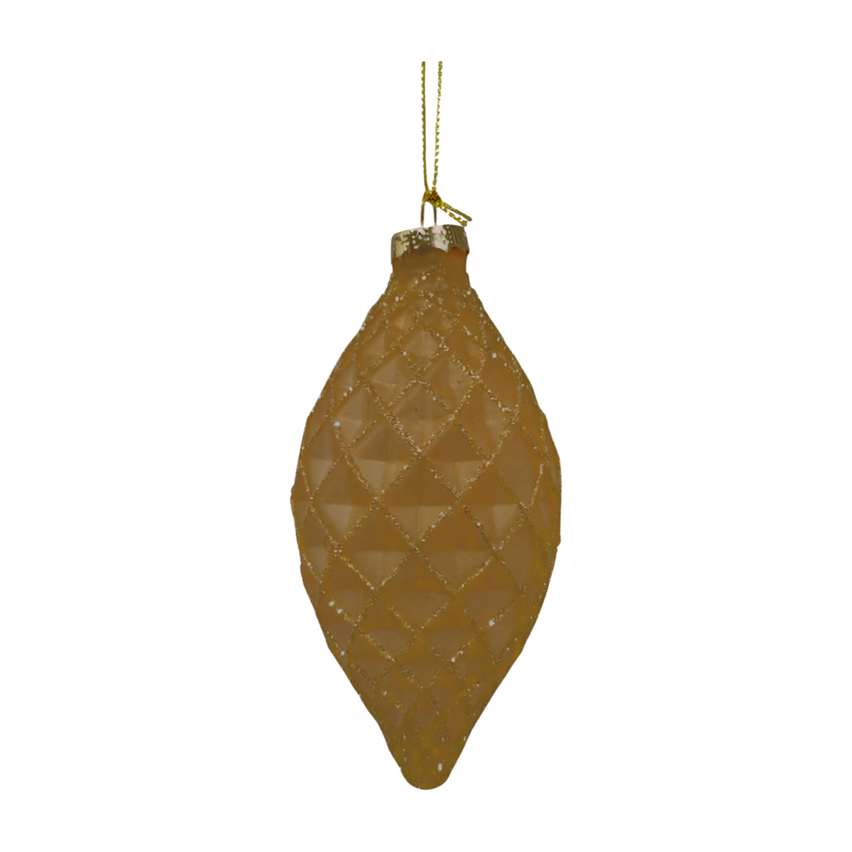 Champagne frosted droplet Christmas ornament with diamond faceted pattern and glitter detail
