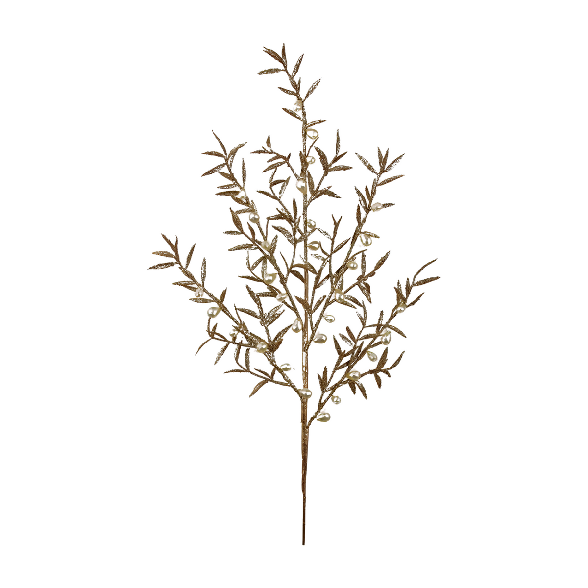 Champagne glitter leaf pick with slender elongated leaves and scattered pearl-effect bead accents