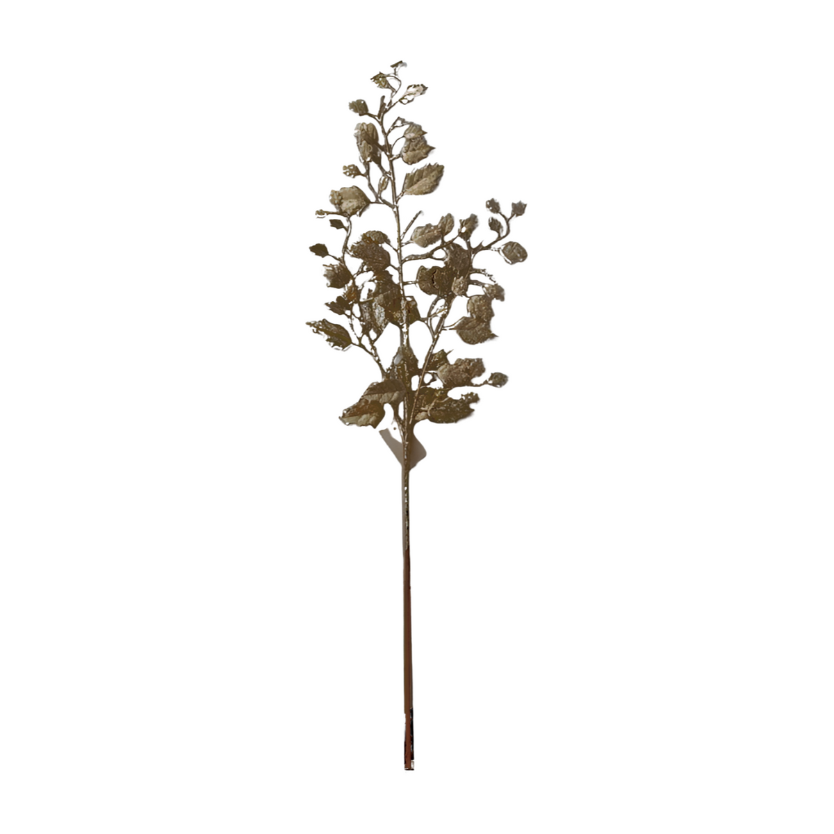 Champagne glitter leaf branch Christmas pick with textured crinkled leaves on a wire stem