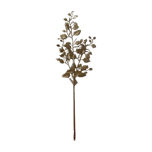 Champagne glitter leaf branch Christmas pick with textured crinkled leaves on a wire stem