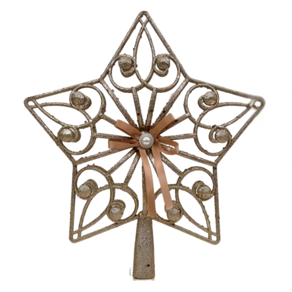 Champagne glitter star tree topper with open filigree scrollwork, bead accents, pearl centre, and ribbon bow