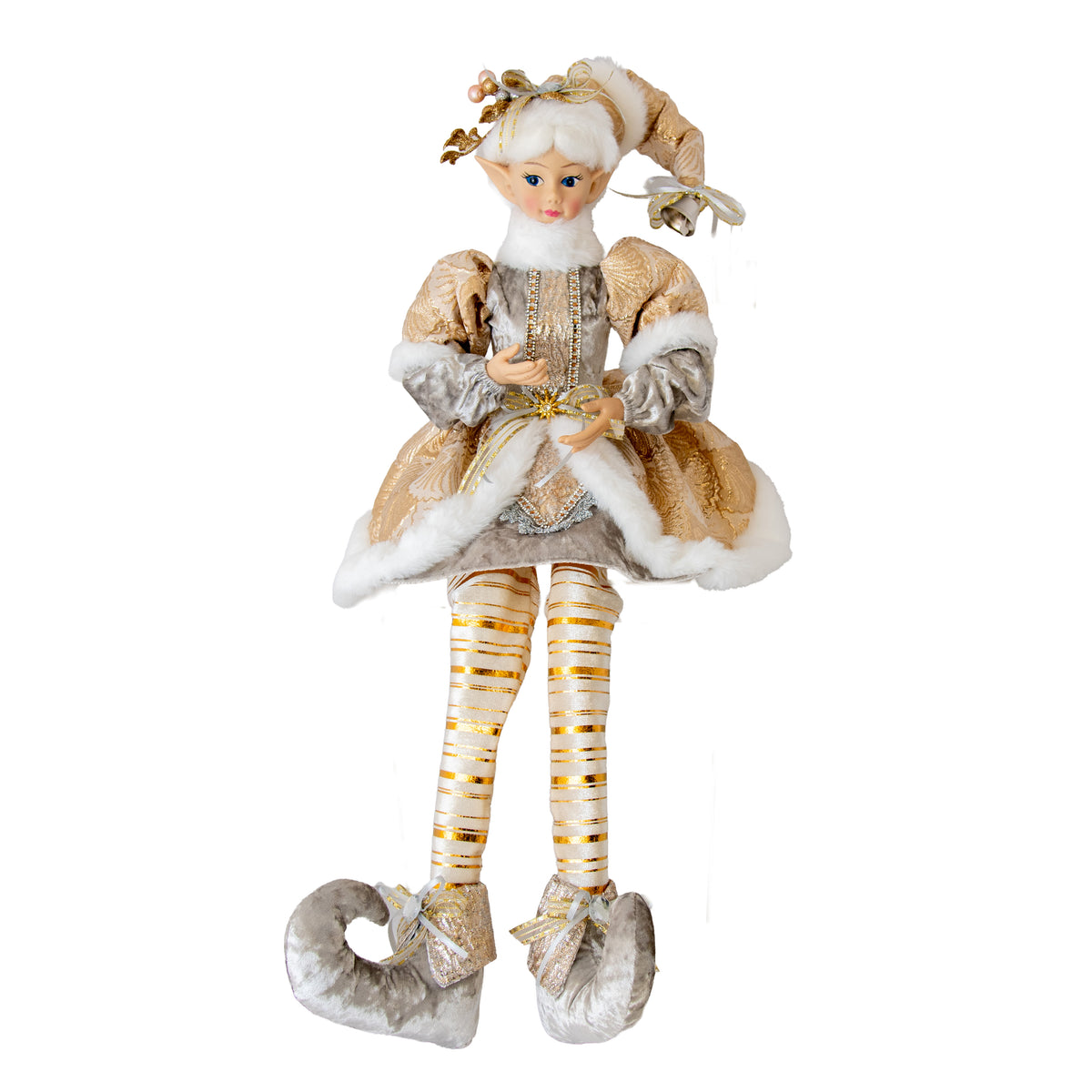 Champagne and gold girl elf figurine in jacquard dress with faux fur trim, striped stockings and curled velvet shoes
