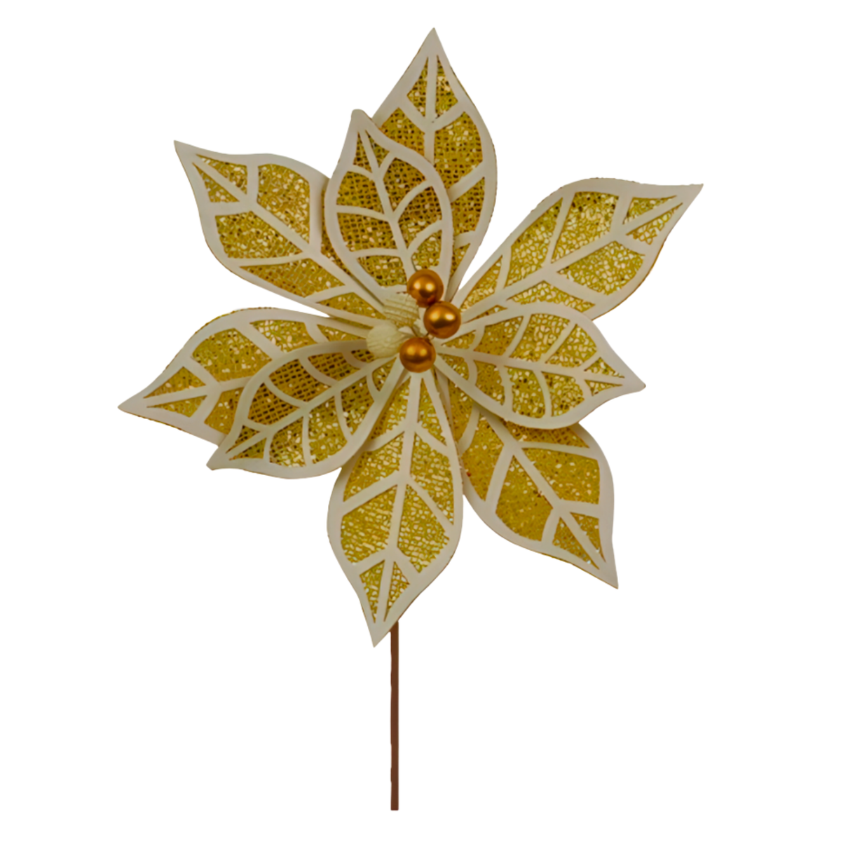 Champagne poinsettia flower pick with gold glitter mesh petals, white edges, and copper bead stamens