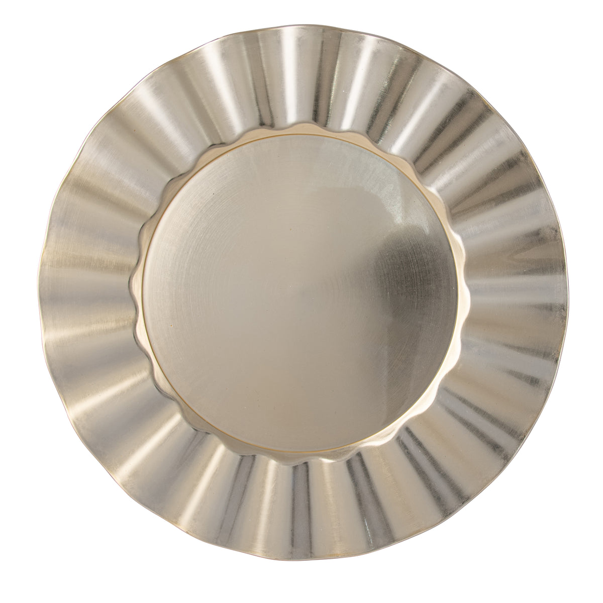 Champagne ridged charger plate with scalloped-edge bowl, shot from above on white background