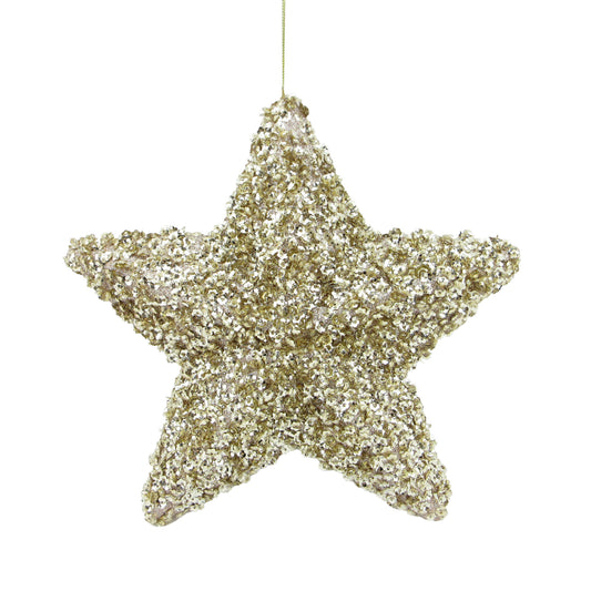 Champagne sequin covered five-pointed star hanging tree ornament on a gold cord
