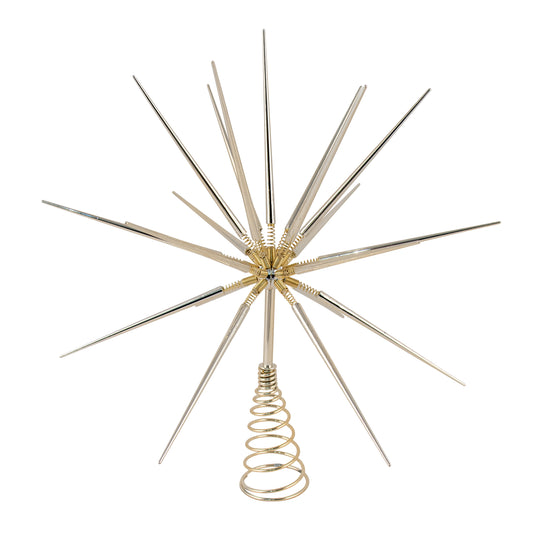 Champagne sputnik starburst tree topper with polished spike rods radiating from a champagne coil centre