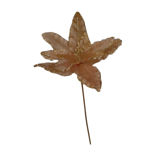 Champagne velvet poinsettia Christmas pick with gold glitter edged petals on a wire stem