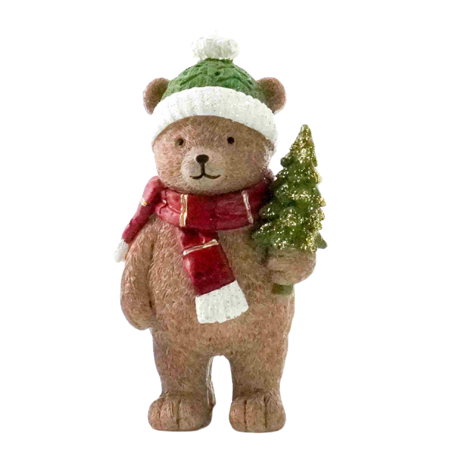 Standing bear Christmas decoration in green knitted hat and red scarf holding a glitter Christmas tree