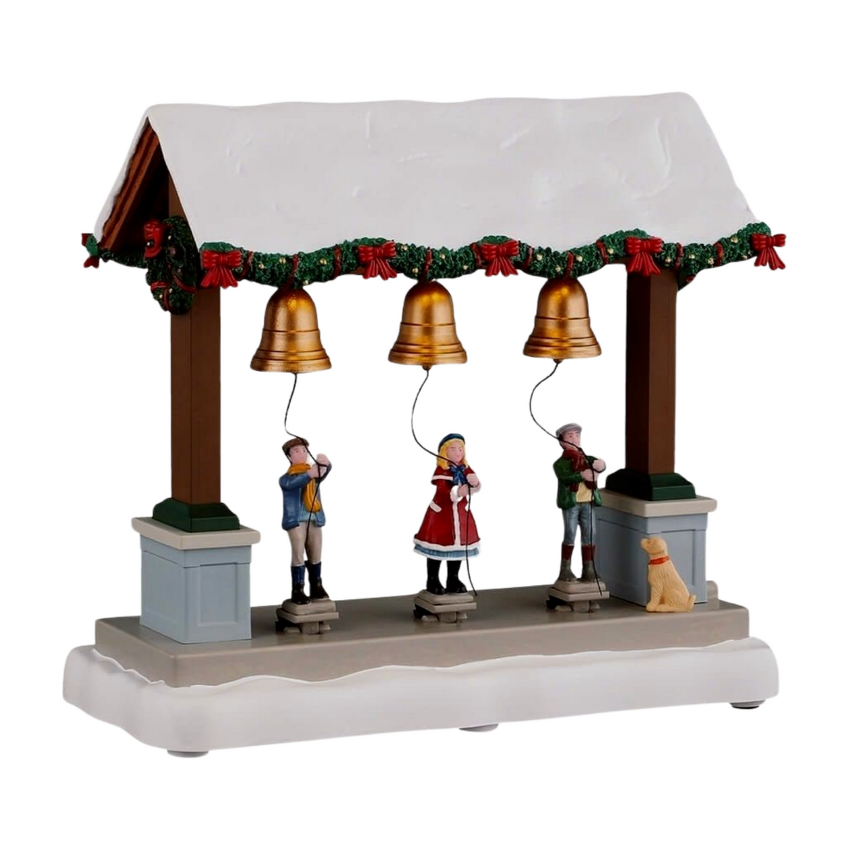 Christmas village animated bell ringers display with three figures pulling golden bells under a snow-covered canopy with garland and red bows 