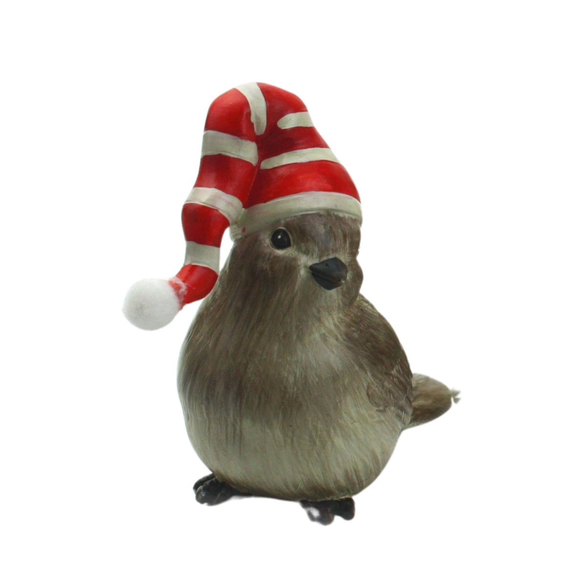 Plump brown bird figurine in a side pose wearing a tall red and white striped Santa hat with a pompom tip